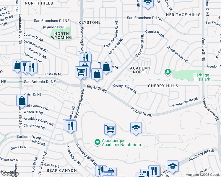 map of restaurants, bars, coffee shops, grocery stores, and more near 6905 Bing Place Northeast in Albuquerque