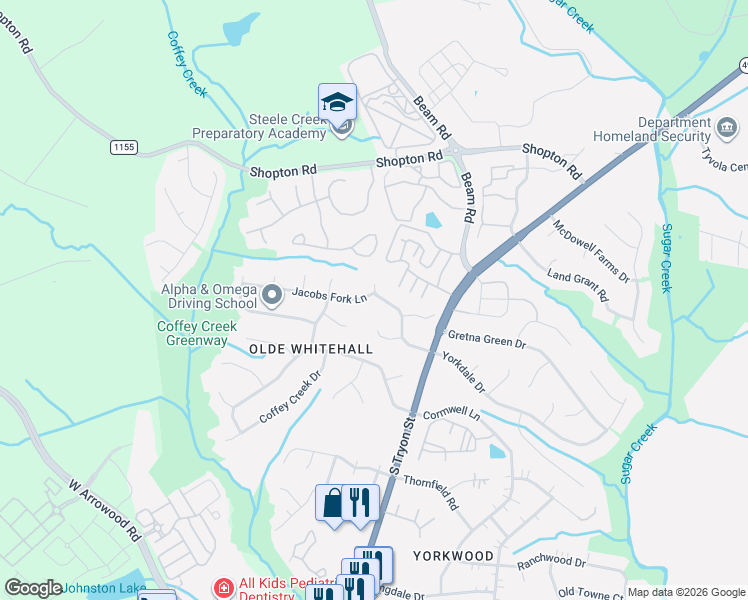 map of restaurants, bars, coffee shops, grocery stores, and more near 2519 Yorkdale Drive in Charlotte