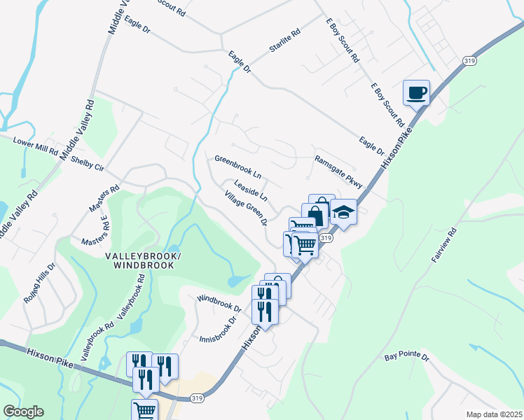 map of restaurants, bars, coffee shops, grocery stores, and more near 1317 Village Green Drive in Chattanooga