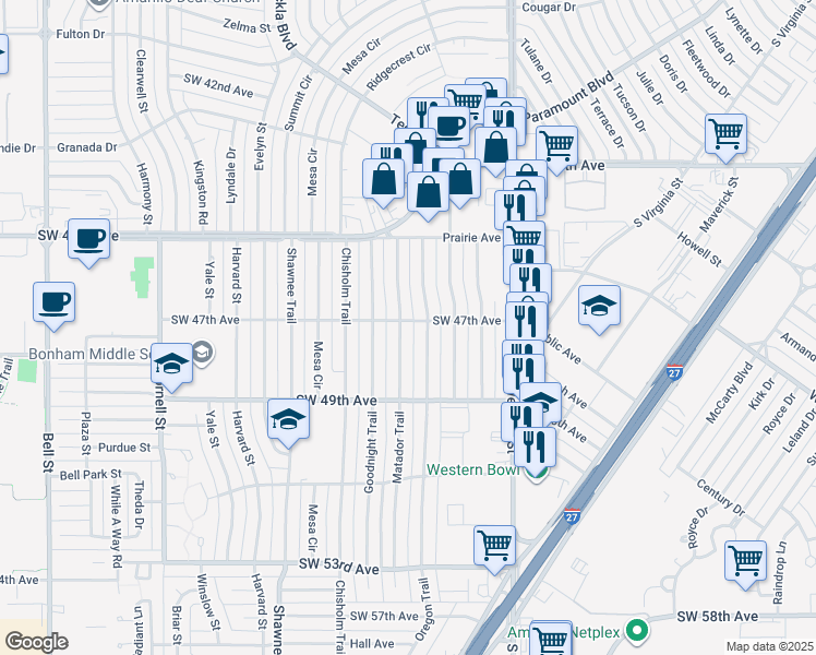 map of restaurants, bars, coffee shops, grocery stores, and more near 4702 Oregon Trail in Amarillo