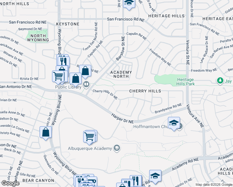map of restaurants, bars, coffee shops, grocery stores, and more near 8305 Cherry Hills Drive Northeast in Albuquerque