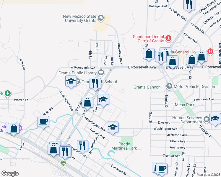 map of restaurants, bars, coffee shops, grocery stores, and more near 1002 Geis Street in Grants
