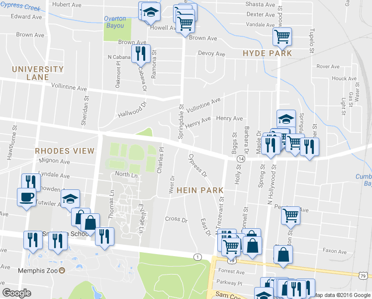 map of restaurants, bars, coffee shops, grocery stores, and more near 817 Cypress Drive in Memphis