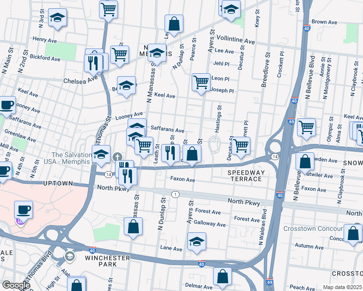 map of restaurants, bars, coffee shops, grocery stores, and more near 660 North Dunlap Street in Memphis