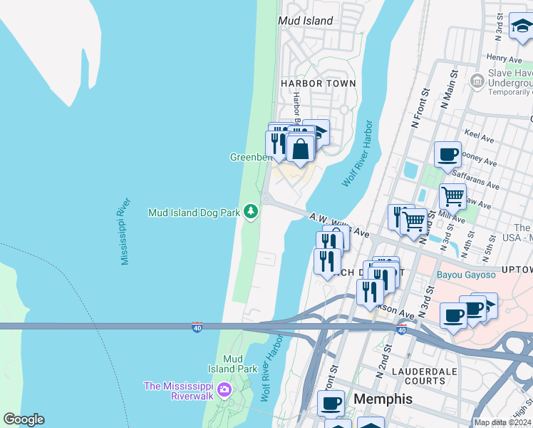 map of restaurants, bars, coffee shops, grocery stores, and more near 95 A.W. Willis Avenue in Memphis