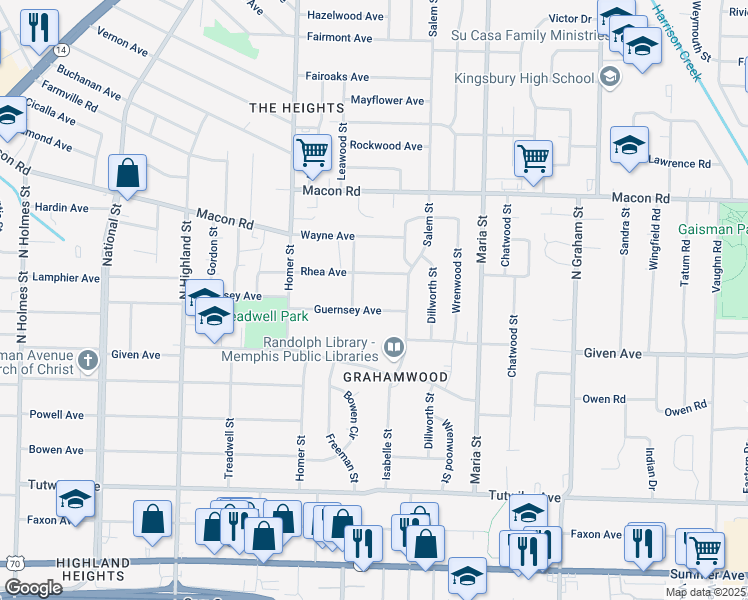 map of restaurants, bars, coffee shops, grocery stores, and more near 3756 Guernsey Avenue in Memphis