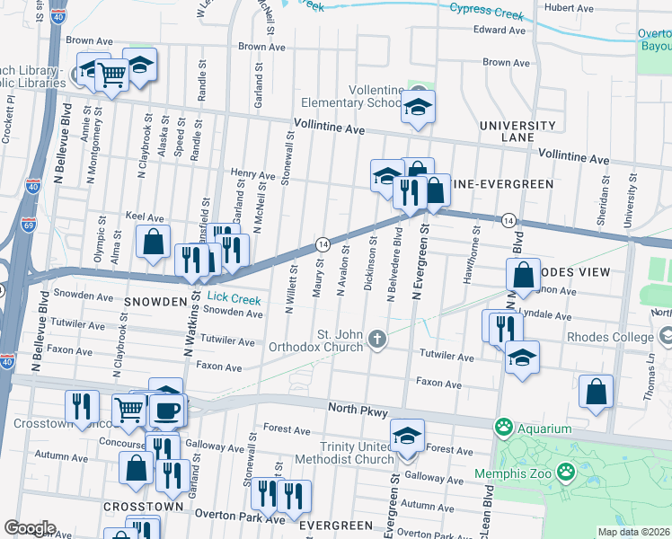 map of restaurants, bars, coffee shops, grocery stores, and more near 740 North Avalon Street in Memphis