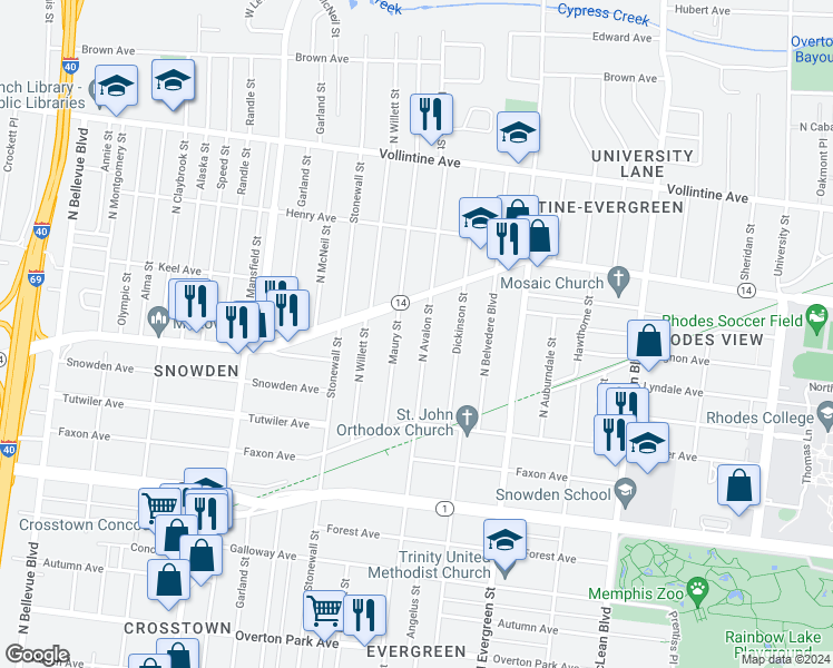 map of restaurants, bars, coffee shops, grocery stores, and more near 739 North Avalon Street in Memphis