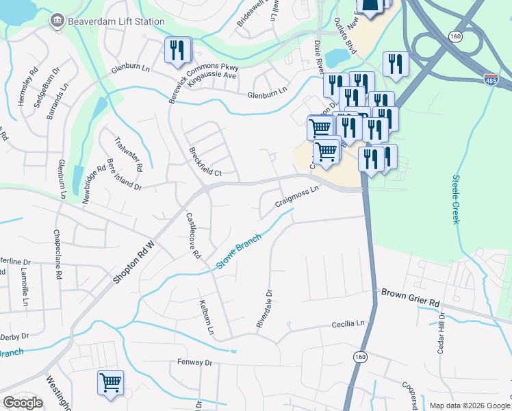 map of restaurants, bars, coffee shops, grocery stores, and more near 5529 Tipperlinn Way in Charlotte