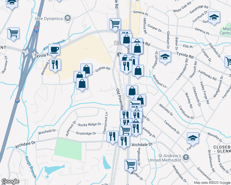 map of restaurants, bars, coffee shops, grocery stores, and more near 6026 Old Pineville Road in Charlotte