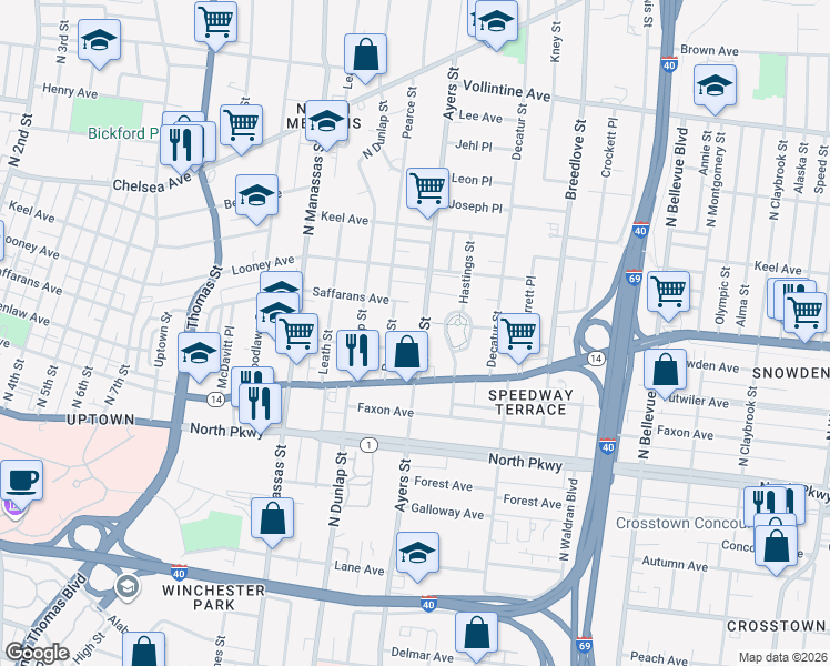map of restaurants, bars, coffee shops, grocery stores, and more near 669 Ayers Street in Memphis