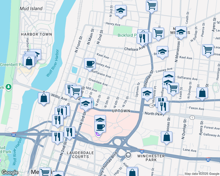 map of restaurants, bars, coffee shops, grocery stores, and more near 247 Greenlaw Avenue in Memphis