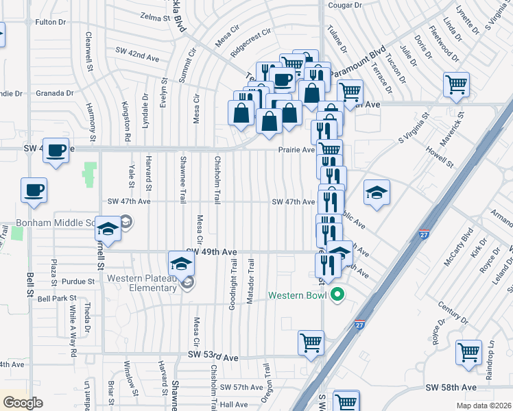 map of restaurants, bars, coffee shops, grocery stores, and more near 4702 Oregon Trail in Amarillo