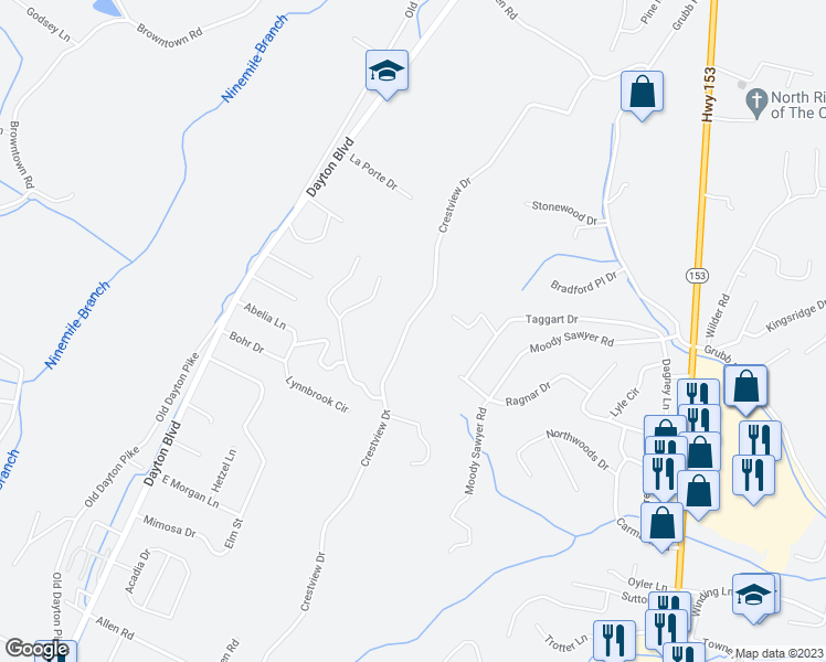 map of restaurants, bars, coffee shops, grocery stores, and more near 5830 Crestview Drive in Chattanooga