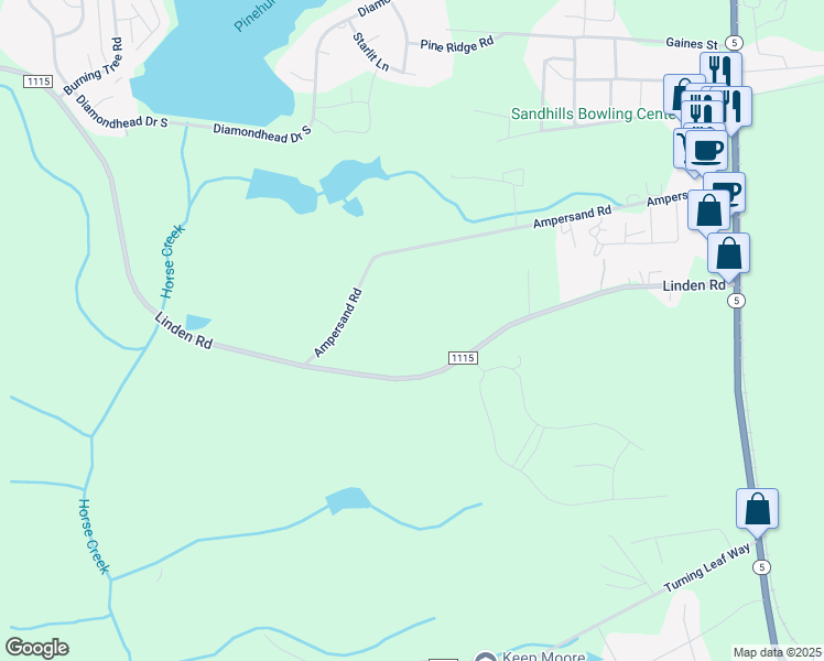 map of restaurants, bars, coffee shops, grocery stores, and more near 2745 Linden Road in Pinehurst