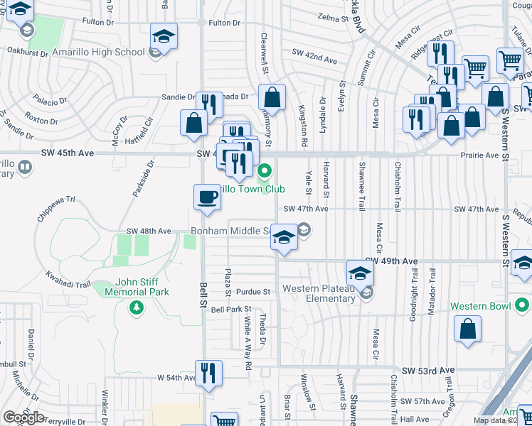 map of restaurants, bars, coffee shops, grocery stores, and more near 5700 Wabash Street in Amarillo
