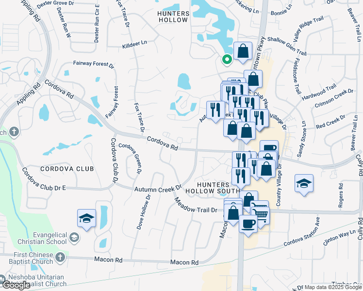 map of restaurants, bars, coffee shops, grocery stores, and more near 7935 Club Drive in Memphis