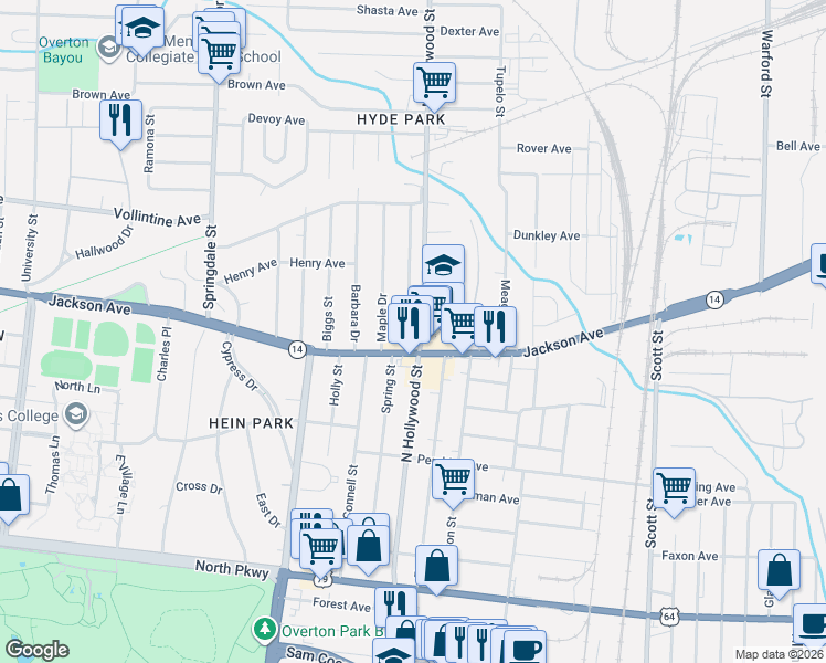 map of restaurants, bars, coffee shops, grocery stores, and more near in Memphis