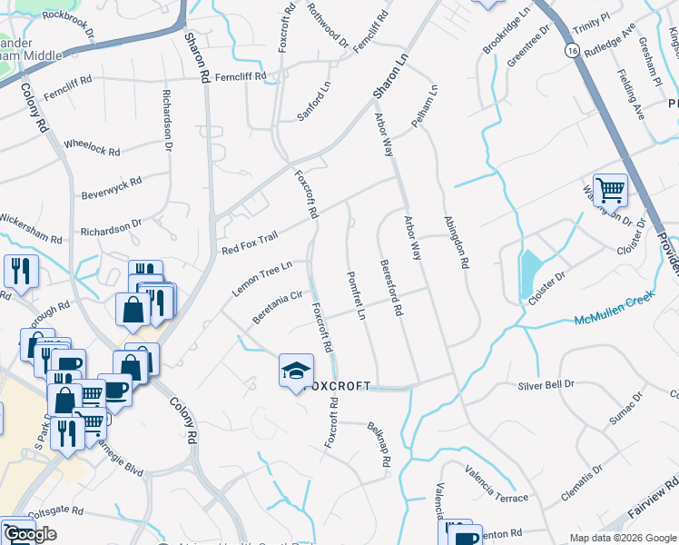 map of restaurants, bars, coffee shops, grocery stores, and more near 3816 Pomfret Lane in Charlotte