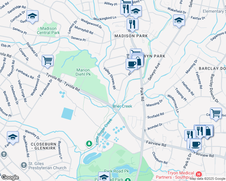 map of restaurants, bars, coffee shops, grocery stores, and more near 5228 Valley Stream Road in Charlotte