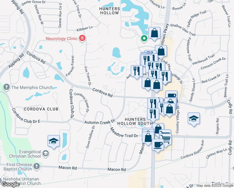 map of restaurants, bars, coffee shops, grocery stores, and more near 7885 Autumn Hollow Drive in Memphis