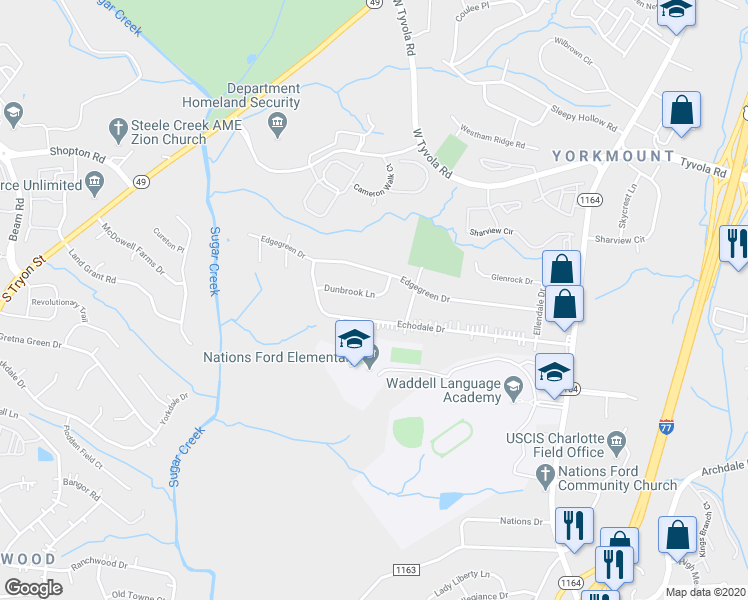map of restaurants, bars, coffee shops, grocery stores, and more near 633 Dunbrook Lane in Charlotte