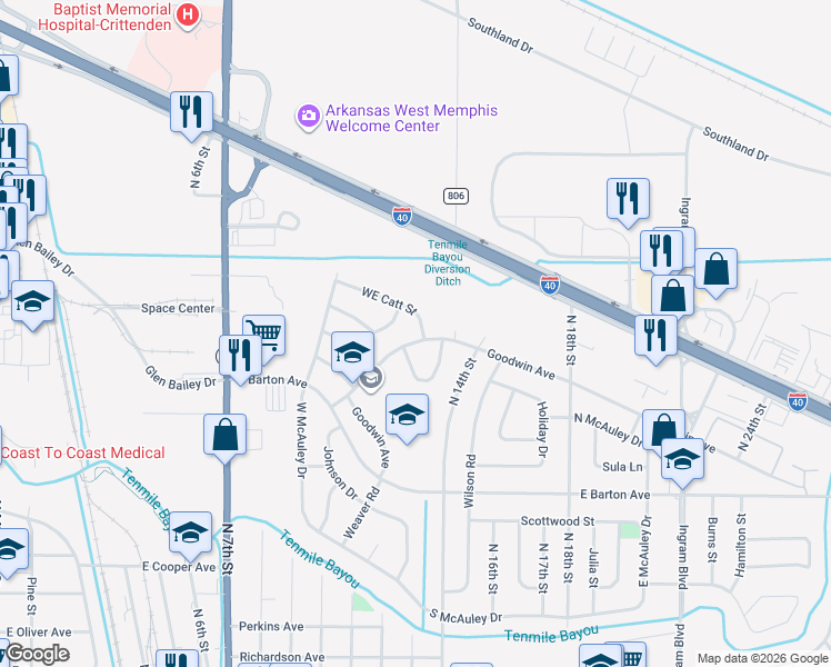 map of restaurants, bars, coffee shops, grocery stores, and more near 1307 Goodwin Avenue in West Memphis