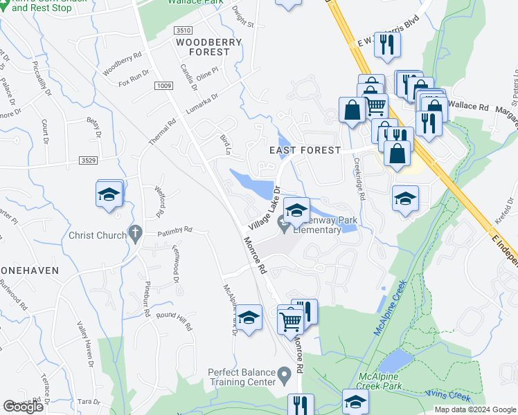 map of restaurants, bars, coffee shops, grocery stores, and more near 8229 Cedar Glen Drive in Charlotte