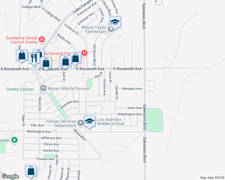 map of restaurants, bars, coffee shops, grocery stores, and more near 1036 Leon Drive in Grants