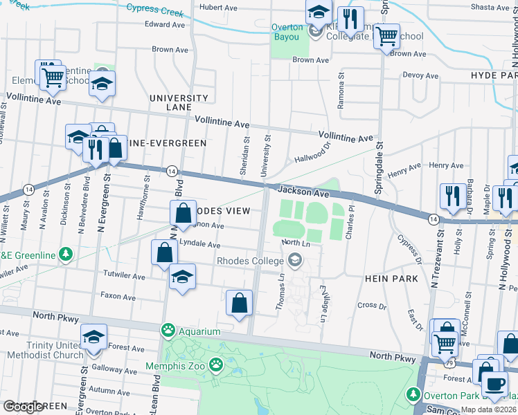 map of restaurants, bars, coffee shops, grocery stores, and more near 789 University Street in Memphis