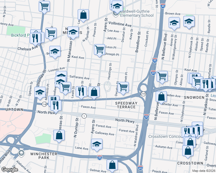 map of restaurants, bars, coffee shops, grocery stores, and more near 708 Hastings Circle West in Memphis