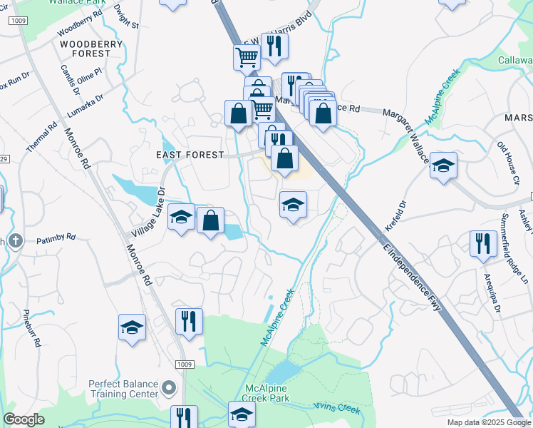 map of restaurants, bars, coffee shops, grocery stores, and more near 7505 Creekridge Road in Charlotte