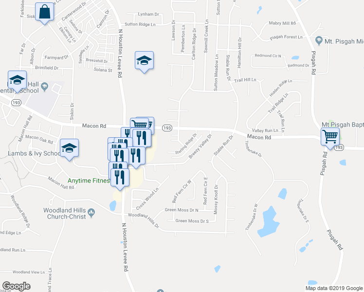 map of restaurants, bars, coffee shops, grocery stores, and more near 10218 Sterling Ridge Drive in Shelby County