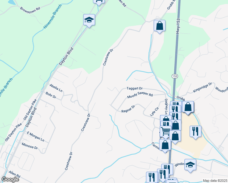 map of restaurants, bars, coffee shops, grocery stores, and more near 5710 Jana Lane in Chattanooga