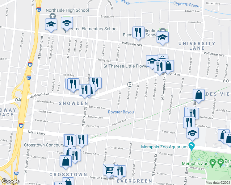 map of restaurants, bars, coffee shops, grocery stores, and more near 725 North Willett Street in Memphis