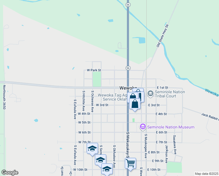 map of restaurants, bars, coffee shops, grocery stores, and more near 316 West 1st Street in Wewoka