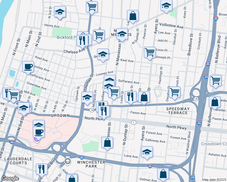 map of restaurants, bars, coffee shops, grocery stores, and more near 659 North Manassas Street in Memphis