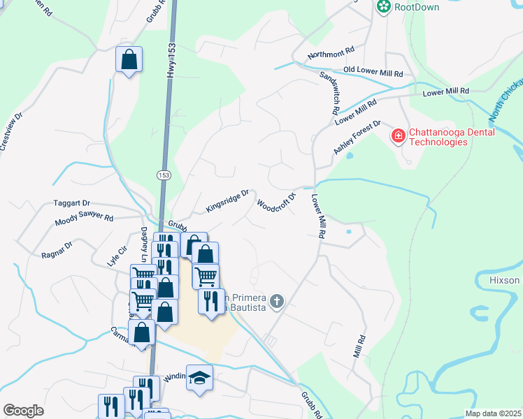 map of restaurants, bars, coffee shops, grocery stores, and more near 504 Woodcroft Drive in Chattanooga