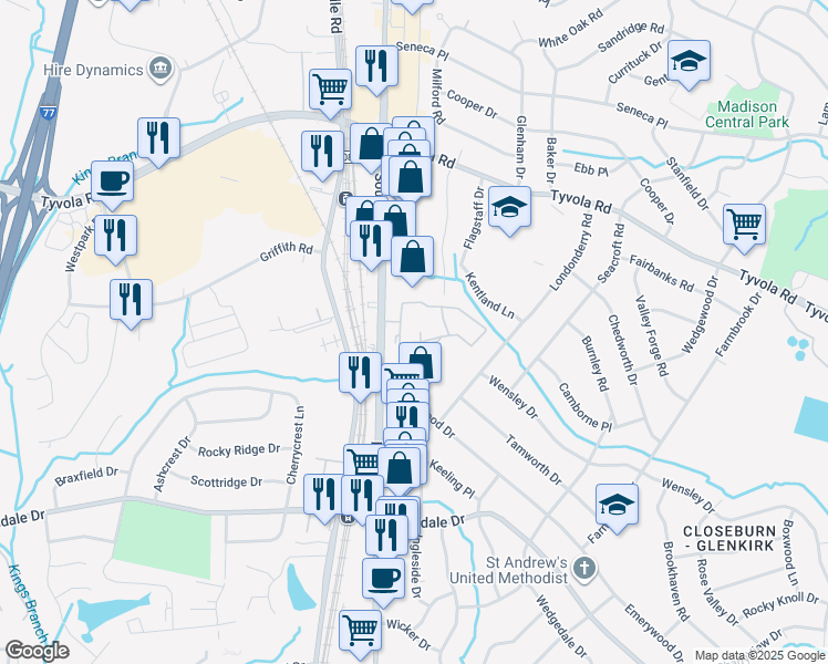 map of restaurants, bars, coffee shops, grocery stores, and more near 1800 Beacon Ridge Road in Charlotte