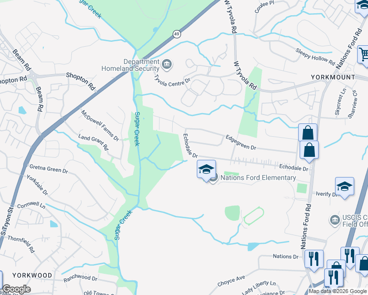 map of restaurants, bars, coffee shops, grocery stores, and more near 723 Echodale Drive in Charlotte