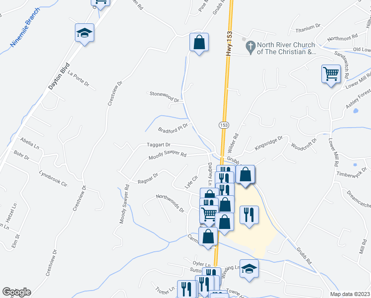 map of restaurants, bars, coffee shops, grocery stores, and more near 5780 Taggart Drive in Chattanooga