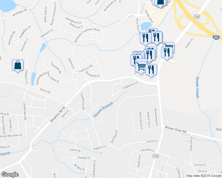 map of restaurants, bars, coffee shops, grocery stores, and more near 5537 Tipperlinn Way in Charlotte