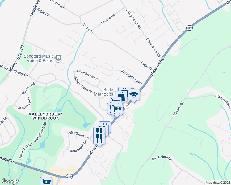 map of restaurants, bars, coffee shops, grocery stores, and more near 6451 Brookmead Circle in Chattanooga