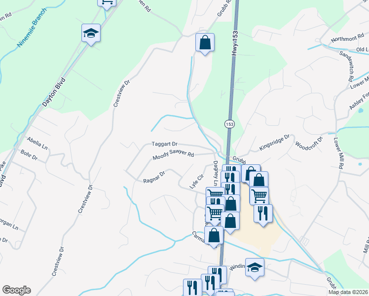 map of restaurants, bars, coffee shops, grocery stores, and more near 5762 Taggart Drive in Chattanooga