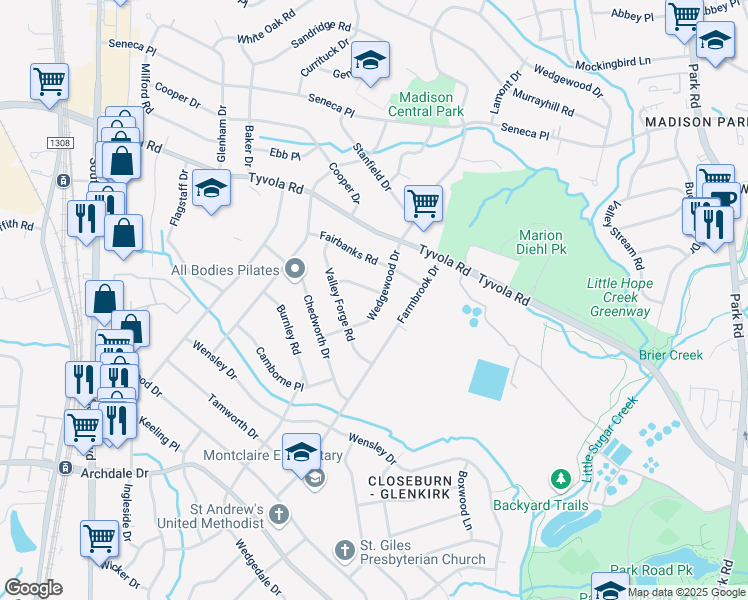 map of restaurants, bars, coffee shops, grocery stores, and more near 4541 Wedgewood Drive in Charlotte