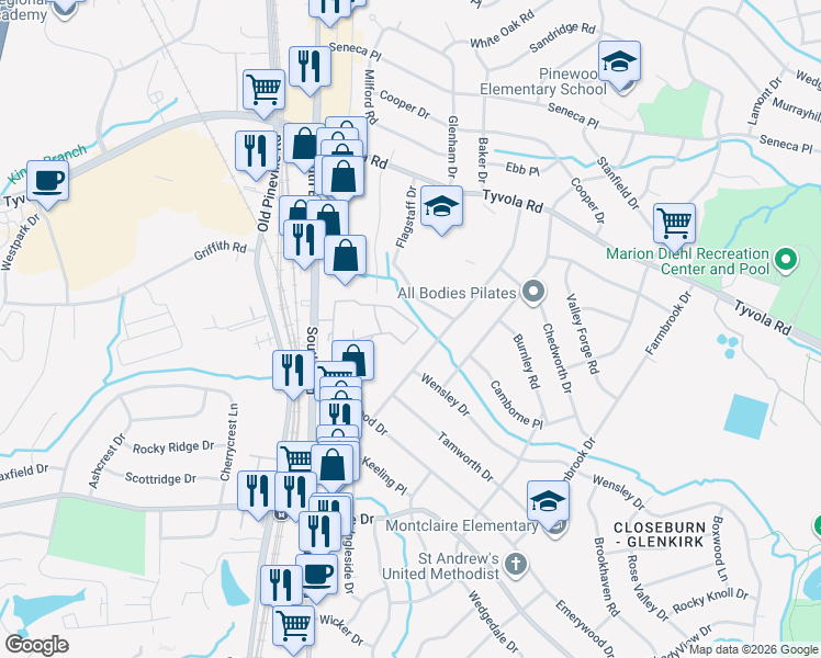 map of restaurants, bars, coffee shops, grocery stores, and more near 1608 Beacon Ridge Road in Charlotte