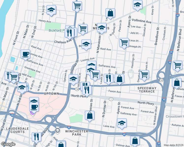 map of restaurants, bars, coffee shops, grocery stores, and more near 659 North Manassas Street in Memphis