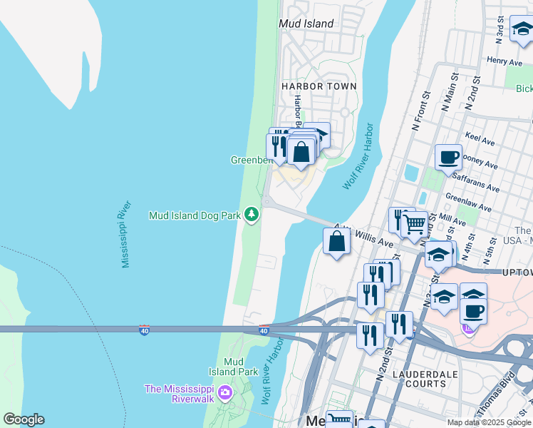 map of restaurants, bars, coffee shops, grocery stores, and more near 95 A.W. Willis Avenue in Memphis