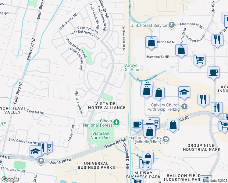 map of restaurants, bars, coffee shops, grocery stores, and more near 1408 Villa Ventosa Northeast in Albuquerque