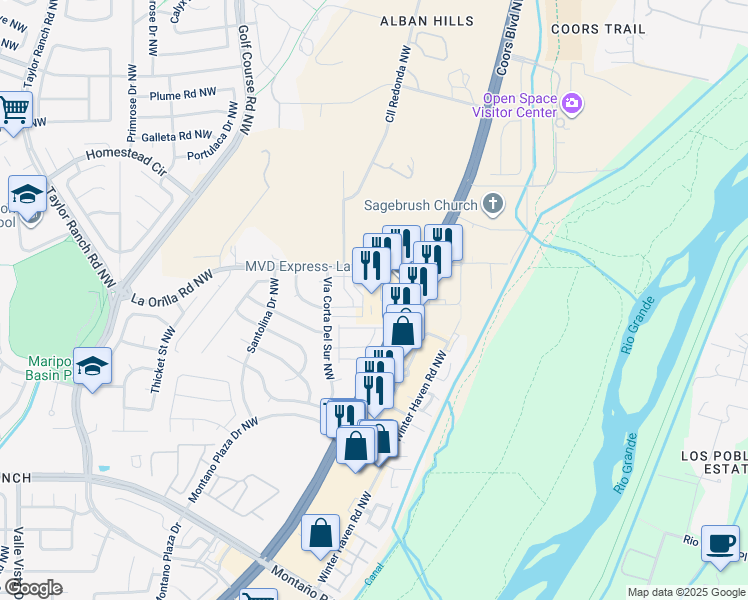 map of restaurants, bars, coffee shops, grocery stores, and more near 3236 La Orilla Road Northwest in Albuquerque
